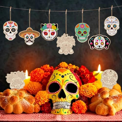 36PCS Wooden Day of The Dead Skull Ornaments to Paint Dia De Los Muertos Decorations Crafts for Kids