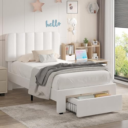 Twin Size Upholstered Bed Frame with Drawer and Headboard