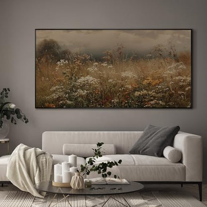24"x46" Extra Large Framed Wall Art Autumn Meadow Landscape Rustic Brown and Golden Field with Wildflowers Country Illustration for Home Living Room Bedroom Decor