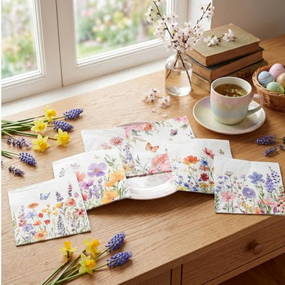 150 Pcs 5 x 5 Inches Wildflower Floral Paper Napkins for Decoupage Disposable Cocktail Napkins Decorative Guest Hand Paper for Picnic Bathroom Wedding Shower Birthday Tea Party (150 Count)