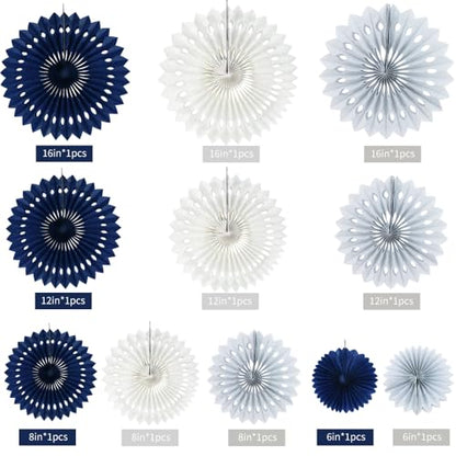 Honeycomb Round Paper Fan Blue Gray White Hanging Party Decoration (11 Count)