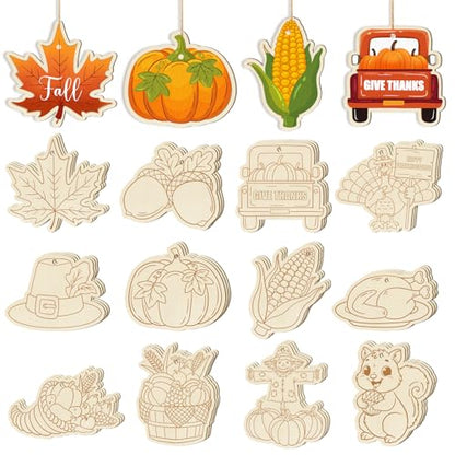 36PCS Wooden Thanksgiving Decoration Fall Ornaments to Paint Happy Thanksgiving Crafts Cutouts Unfinished (36 Count)