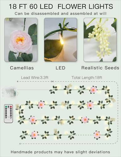60LED Garland with Pink Camellia Lights Battery Operated Clear Wire