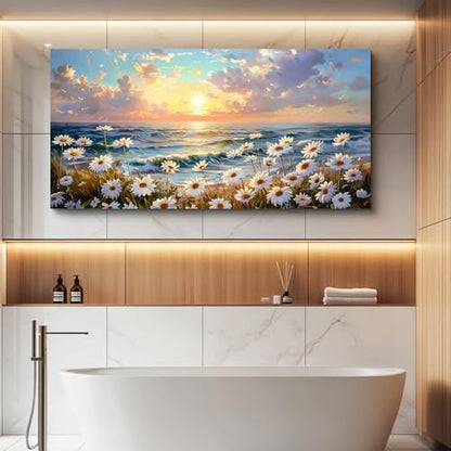 Large Canvas Wall Art For Living Room Bedroom Wall Decor Office Beach With Waves Landscape Painting White Flowers Painting Bathroom Dining Room Artwork Picture Home Decoration 20x40 In