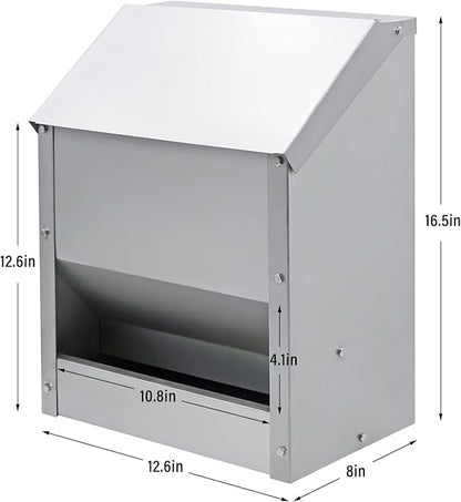 Stainless Steel Hanging Chicken Feeder with Lid No Waste Weatherproof Metal Automatic Poultry Feeder Wall Mount Outdoor Chicken Coop Food Dispenser Feeder for Chickens Ducks (25Lbs)