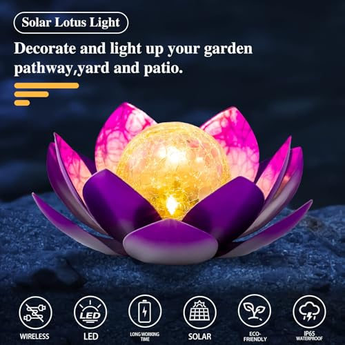 Solar Light Outdoor Decor Art Crackle Globe Glass Lotus Decoration (2 Count)