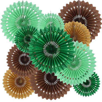 Honeycomb Round Paper Fans Green Brown Hanging Party Decoration (11 Count)