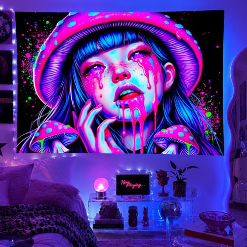 Blacklight Tapestry Girl 78x59 Inch Blacklight Mushroom Tapestry