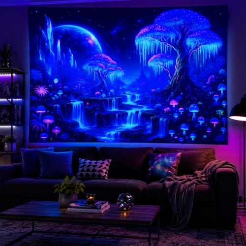 Blacklight Tapestry Forest Waterfall Wall Hanging 78 x 59 Inch