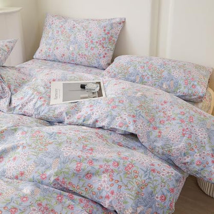 Blue Floral Queen Comforter Set Vintage Botanical Flowers Bedding Set