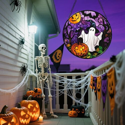 Stained Glass Window Hanging Halloween White Ghost Black Bat 6.3"