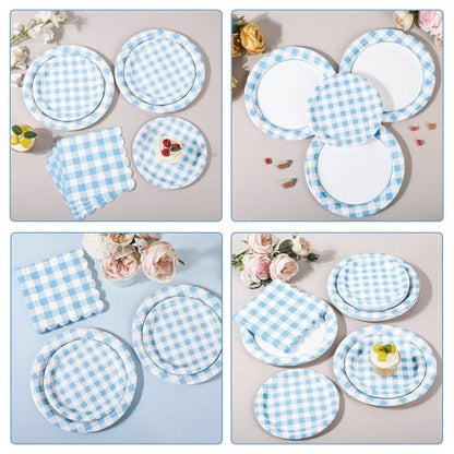 150 Pcs Light Blue Gingham Paper Plates and Napkins (150 Count)