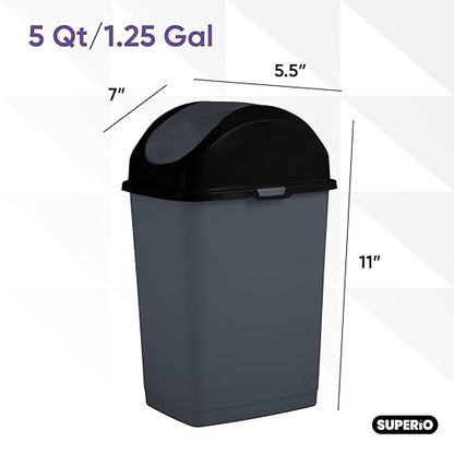 Superio Mini Plastic Trash Can with Swing Top Lid 1.25 Gallon Compact Small Waste Bin Portable Garbage Can for Countertop, Desktop, Make up Vanity, Bathroom, Car, Under Sink, Dorm,(Grey)