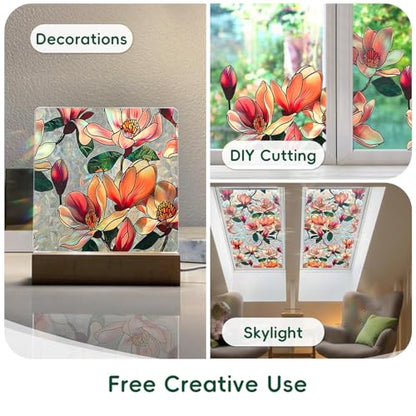 Window Privacy Film Decorative Stained Glass Window Film Rainbow Magnolia Floral Static Cling Non