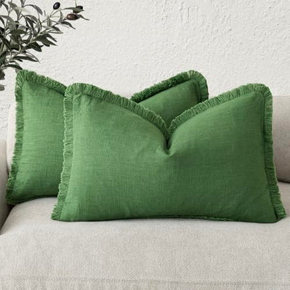 Boho Linen Fringe Lumbar Throw Pillow Covers 12×20 Forest Green (2 Count)