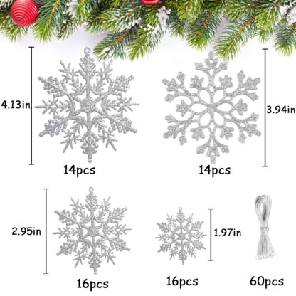 Glitter Christmas Silver Plastic Snowflake Ornaments for Winter Holiday (60 Count)