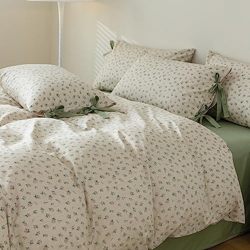 Green Flower Comforter Set Twin XL Vintage Floral Comforter with 2 Bow Ties Pillowcases Soft Fluffy Cottagecore Bedding Set for Girls Women Botanical Bedding Comforter Set for All Season