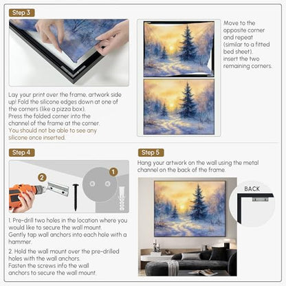36"x46" Extra Large Framed Wall Art Winter Sunrise in Snowy Pine Forest Watercolor Style for Home Living Room Bedroom Decor