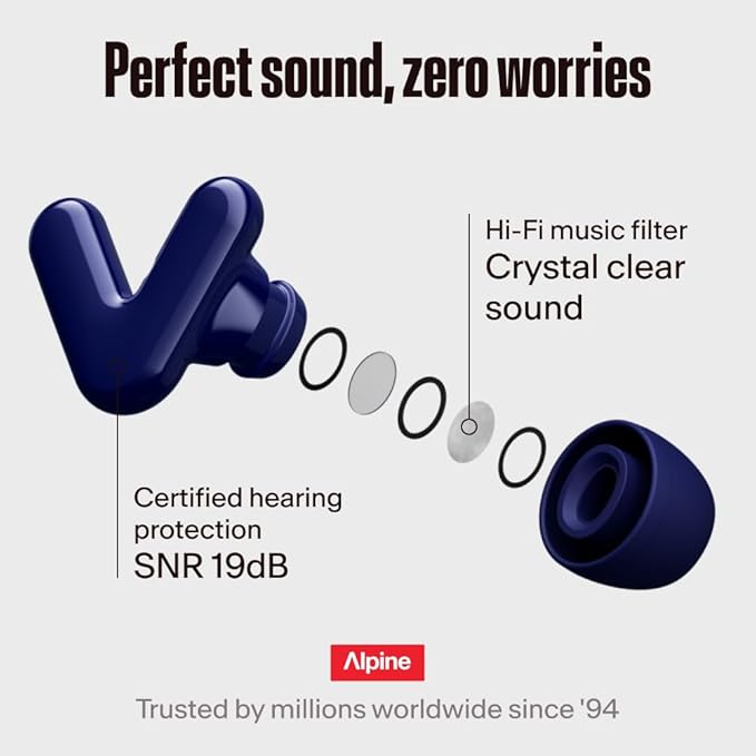 Alpine Tune Earplugs, Concert Ear Plugs for Noise Reduction, High Fidelity Music Quality, 19dB Hearing Protection with Crystal Clear Sound, Incl. 4 Sizes, Parties, Raves, Festivals & Clubs, Dark Blue