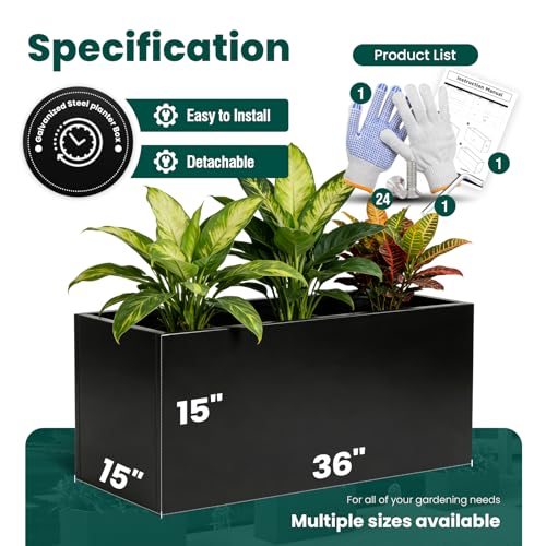 Metal Rectangular Planter Black Galvanized Steel 36" L x 15" W x 15" H