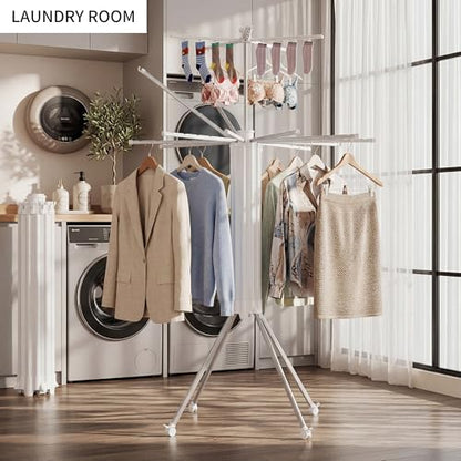 Foldable Clothes Drying Rack Aluminum 4 Legs 16 Rods Double Layer