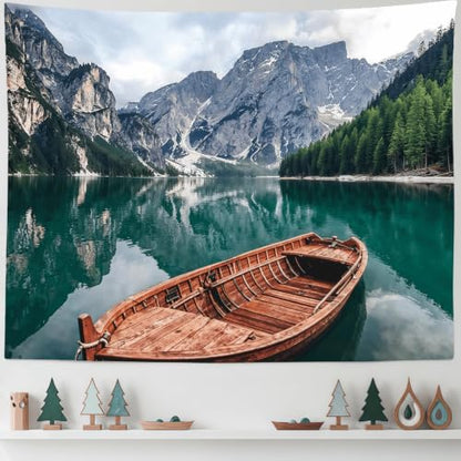 Nature Mountain Lake Boat Tapestry 90x68 Inch