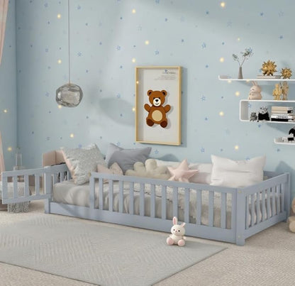 Bellemave Twin Size Floor Bed for Kids, Girls, Boys, Rubber Wood Floor Bed with slats and Door, Grey