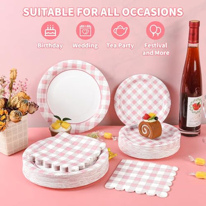 150 Pcs Pink Gingham Paper Plates and Napkins (150 Count)