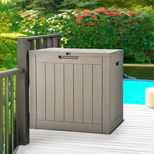 DWVO 30 Gallon Outdoor Storage Deck Box, Resin Patio Storage for Gardening Tools, Patio Cushions, Waterproof and Lockable (Light Brown)