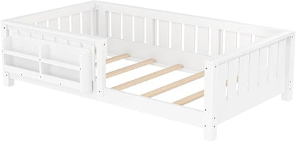 Bellemave Twin Floor Bed with Slats and Safety Guardrail, Twin Size Montessori Floor Bed with Fence and Built-in Bookshelf, Easy Assemble Montessori Beds for Kids, Girls, Boys, White