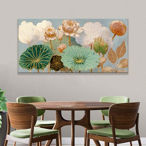 Oversized Canvas Wall Art Decor Floral Botanical Nature Canvas Prints Gold Lotus Flower Modern Wall Art Decor For Living Room Elegant Canvas Art Wall Decor For Bedroom Home Office Decor 29"×58"