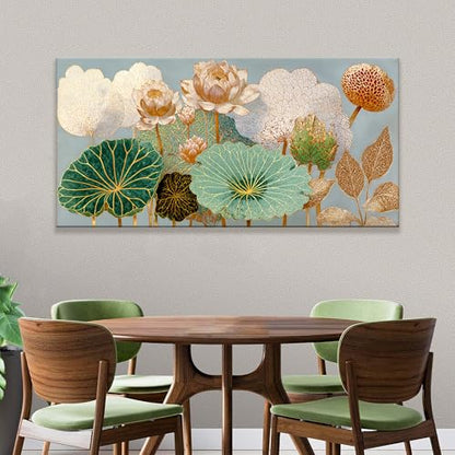 Oversized Canvas Wall Art Decor Floral Botanical Nature Canvas Prints Gold Lotus Flower Modern Wall Art Decor For Living Room Elegant Canvas Art Wall Decor For Bedroom Home Office Decor 29"×58"