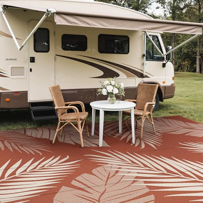 Outdoor Rug Waterproof Plastic Rugs 10'x14' for Camping Brick Red (140 Sq Ft)