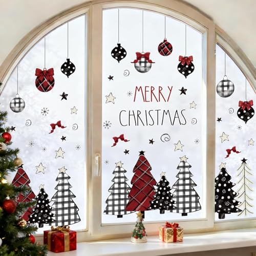 Christmas Window Clings for Glass 9 Sheet Xmas Tree Window Decals with Plaid Designs Window Stickers Winter Windows Cling for Party Supplies Home School Office Glass Decorations (9 Count)