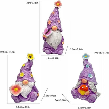 Gnome Decoration Figurine Outdoor Statue Resin 3pcs Flowers Spring Gnomes, Home Decoration Ornaments for Desktop Bookshelves Courtyard Garden Gift (Purple)