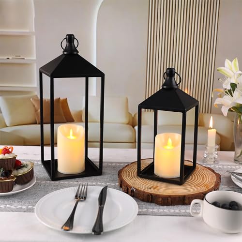 2 Pcs Black Decorative Metal Lanterns Farmhouse Lantern Decor with Candles (70 Count)
