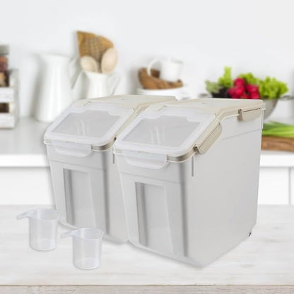 2 Pack Rice Storage Container with Measuring Cup 50 lb Flour Storage Container with Wheels, BPA Free Food Storage Container Dog Cat Food Bin Set for Dry Food Sugar, Cereal(Gray)