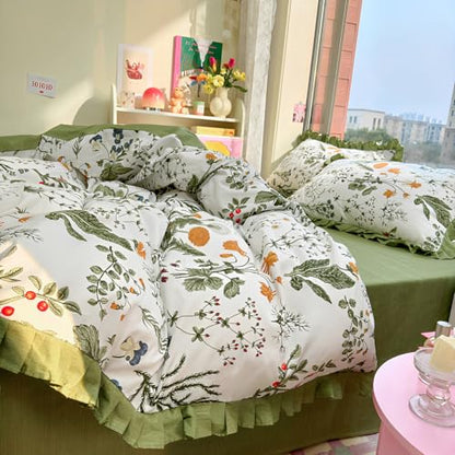 Green Floral Comforter Set King Romantic Ruffle Comforter Vintage Botanical Flowers Comforter with 2 Pillowcases Boho Floral Lace Coquette Bedding Fluffy Comfy Farmhouse King Bed Comforter Set