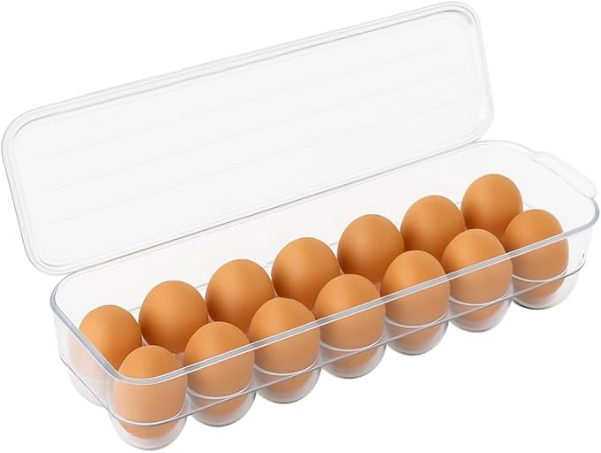 Egg Holder for Refrigerator with Lid – Clear Plastic Egg Storage Container for 14 Eggs, Stackable Fridge Organizer Tray for Fresh Egg Storage, BPA-Free Bin