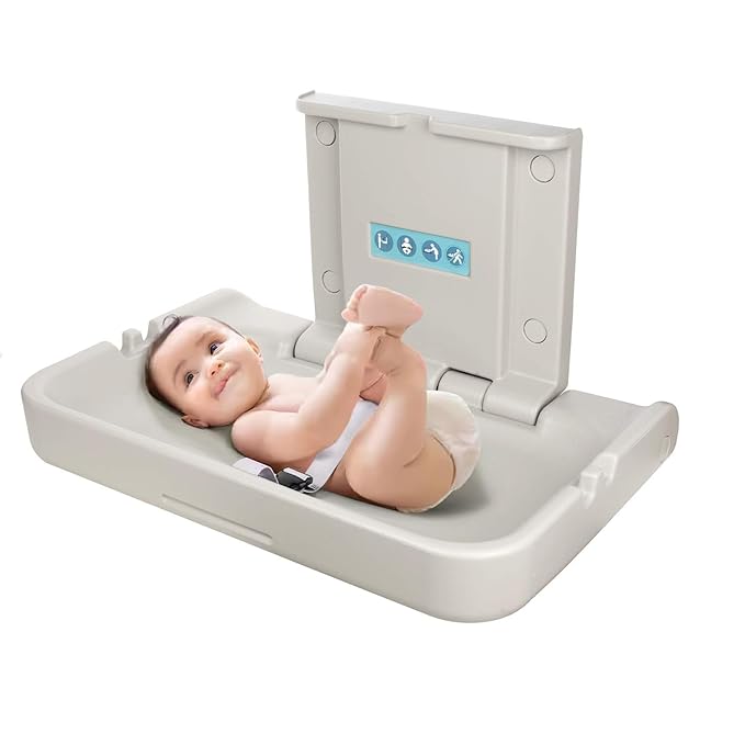 Fold-Down Baby Changing Station Wall-Mount - Modundry Horizontal Baby Change Table with Safety Straps for Commercial Restrooms (White Granite)