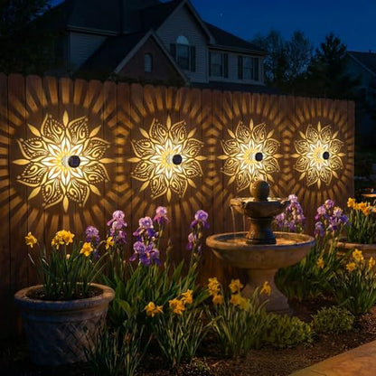 2 Pack Solar Fence Lights Metal Solar Powered Outdoor Wall Deck Step Lights Mandala Theme Waterproof Fence Light for Garden Post Patio Backyard Yard Decor (2 Count)