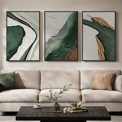 Large Framed Green White Abstract Wall Art for Living Room (3 Count)