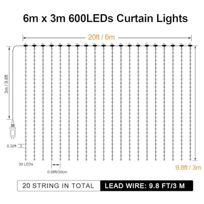 600 LED Curtain Lights 20Ftx10Ft Dual Color Changing Lights with Remote (600 Count)