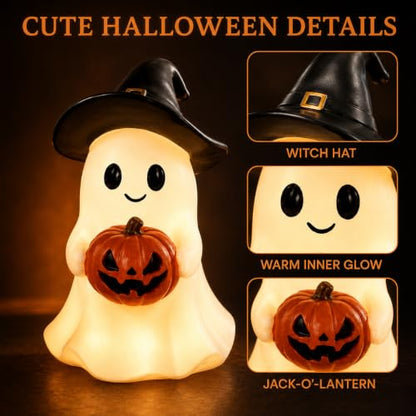 Halloween Ghost Figurine Cute Cartoon Ghost Holding Two Bats Spooky Tabletop Decoration White Desk Display Ornament for Home Office Mantel Shelf Party Fall Holiday Decor Supplies