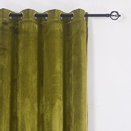 Super Soft Luxury Velvet Decor Moss Green Thermal Blackout Curtain Panel Drapes Grommet Draperies Eyelet 52Wx96L inch Green Yellow