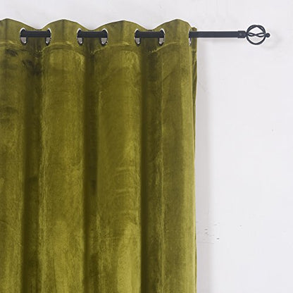 Super Soft Luxury Velvet Decor Moss Green Thermal Blackout Curtain Panel Drapes Grommet Draperies Eyelet 52Wx96L inch Green Yellow