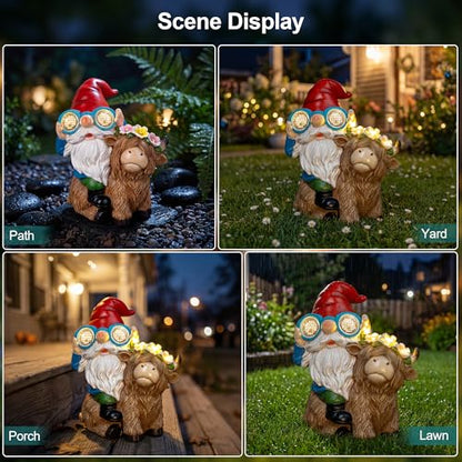 Solar Garden Gnome Statue Sitting Highland Cow Figurine Flower Wreath