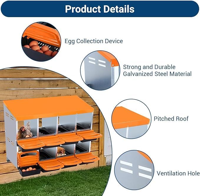 Chicken Nesting Box, 8-Compartment Egg Laying Box, Convenient for Collecting Eggs, Ventilated Poultry House Equipment in Metal Chicken Coop, Suitable for Hens and Ducks, (Orange, Without Stand)