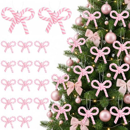 16 Pcs Pink White Bow Candy Cane Hanging Ornaments Christmas Tree Decor (16 Count)