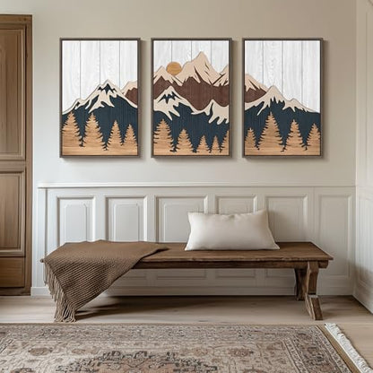 Large Framed 3D Wood Mountain Wall Art Decor for Living Room (3 Count)